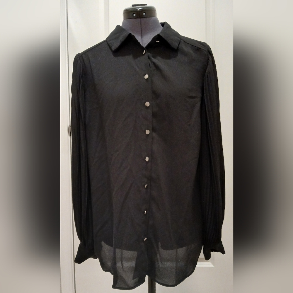Tahari Black Sheer Button Down Blouse